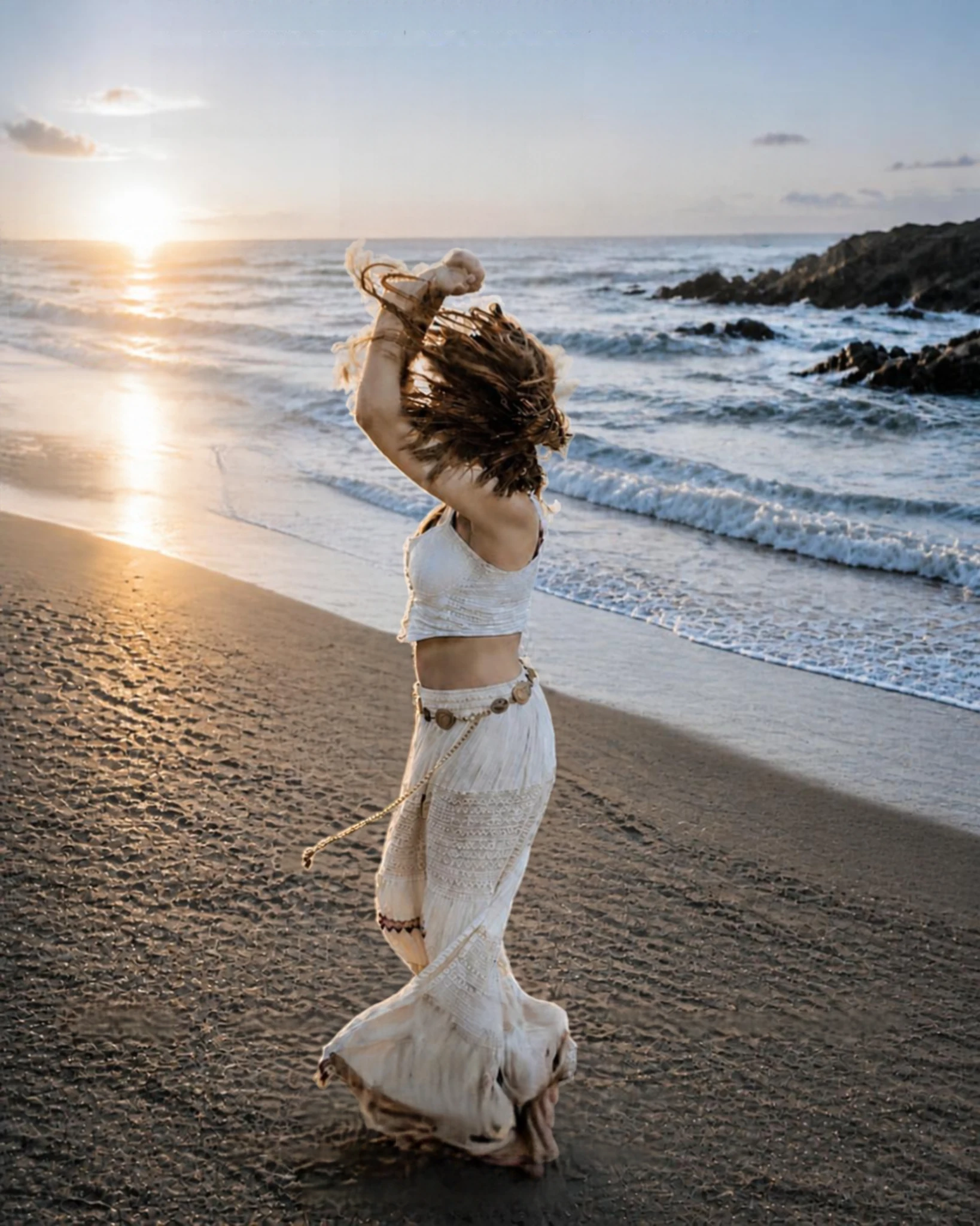 Free-spirited woman dancing at the shoreline as the sun sets over the ocean